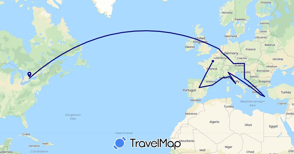 TravelMap itinerary: driving in Austria, Canada, Germany, Spain, France, Greece, Croatia, Italy, Monaco, Netherlands (Europe, North America)
